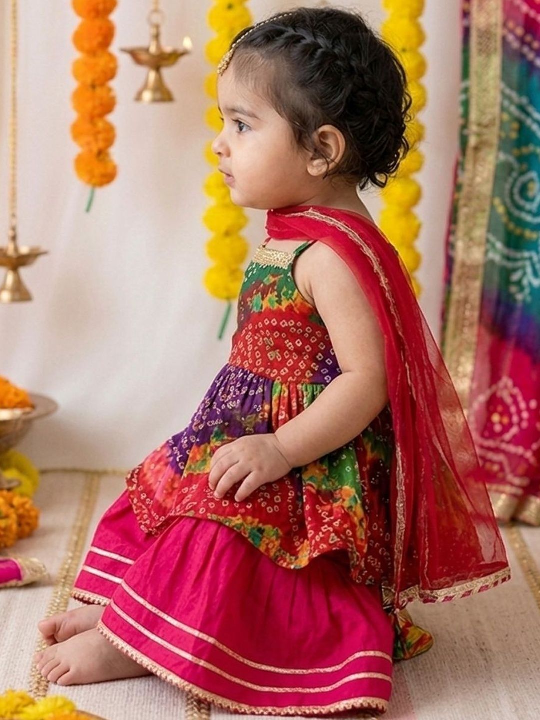 Girls Printed Pure Cotton Square Neck Kurti & Sharara With Dupatta 2