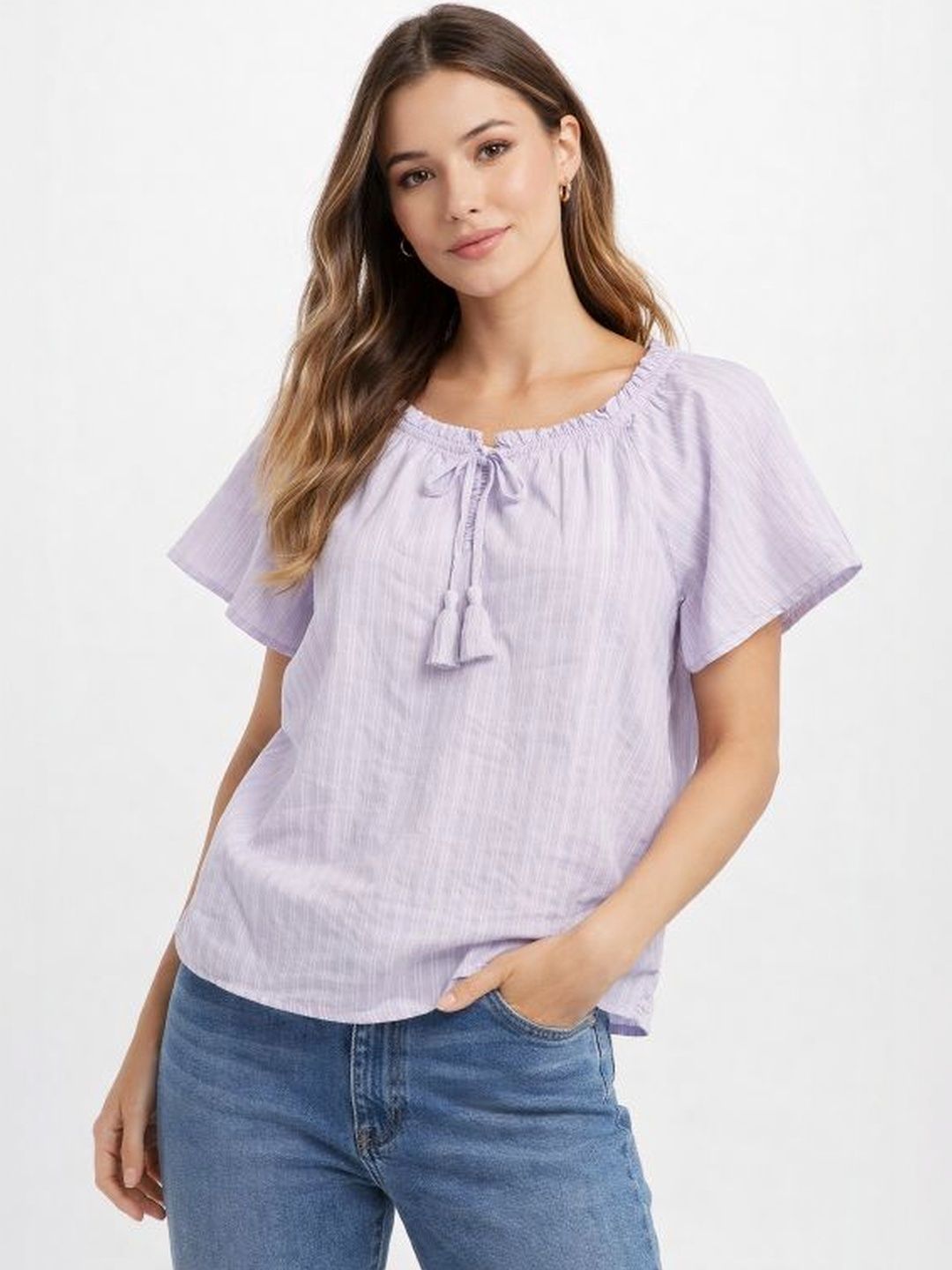 NoBarr Striped Tie-Up Neck Flutter Sleeve Cotton Top