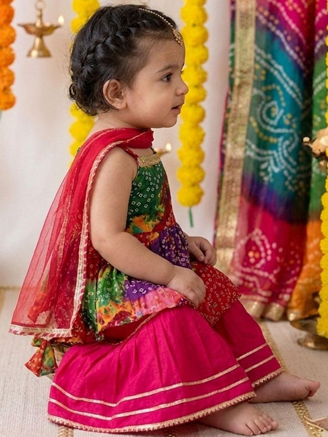 Girls Printed Pure Cotton Square Neck Kurti & Sharara With Dupatta 3