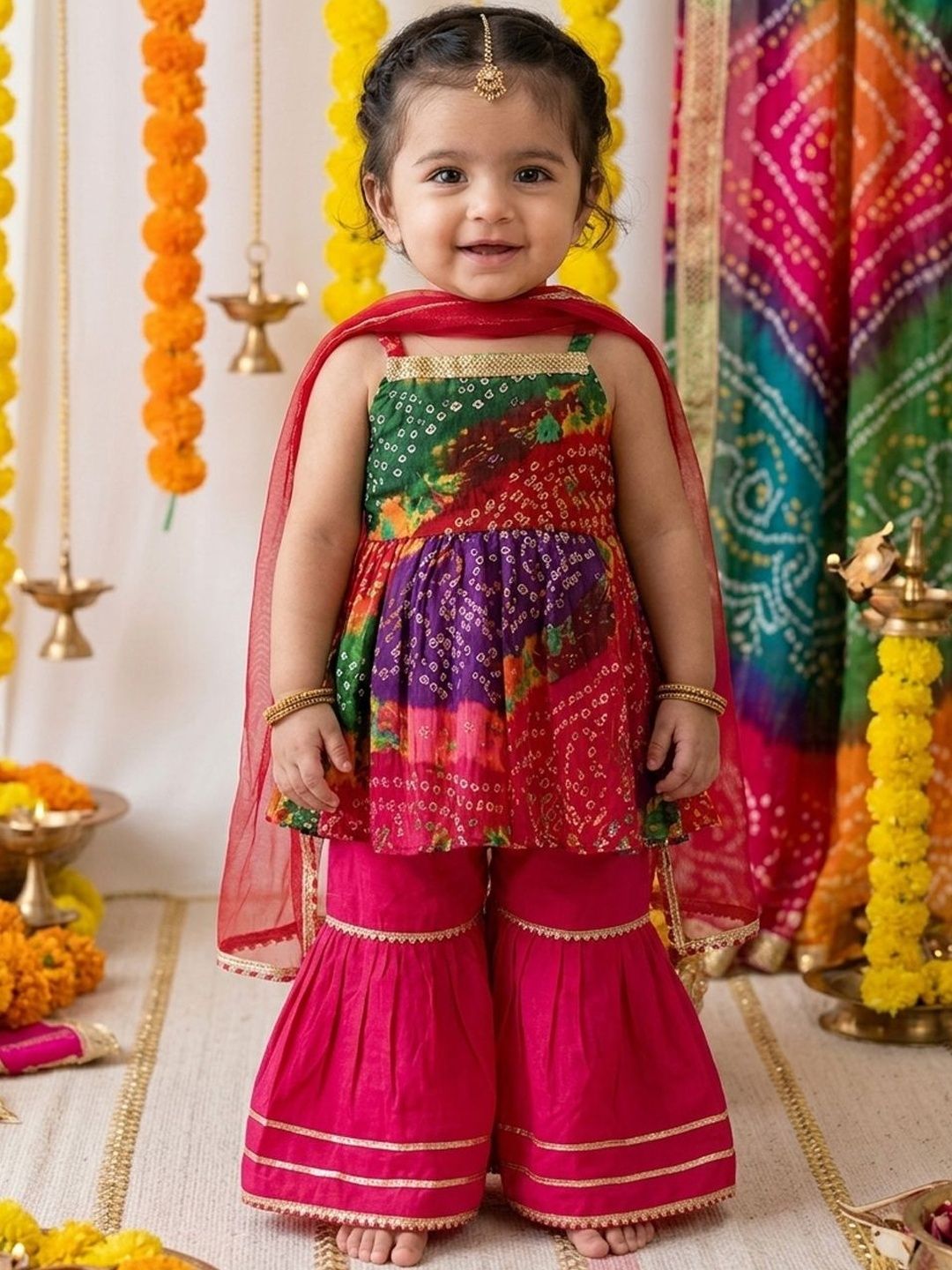 Girls Printed Pure Cotton Square Neck Kurti & Sharara With Dupatta 5