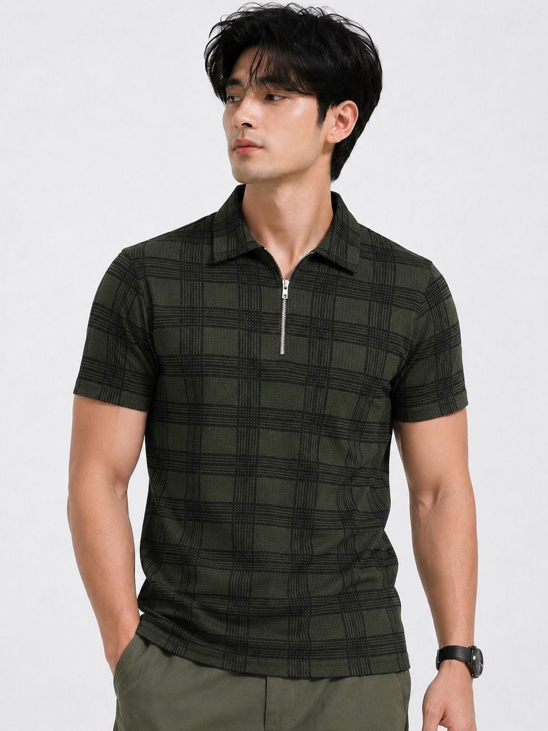 Mobox Olive Green Checked Polo Collar T-shirt