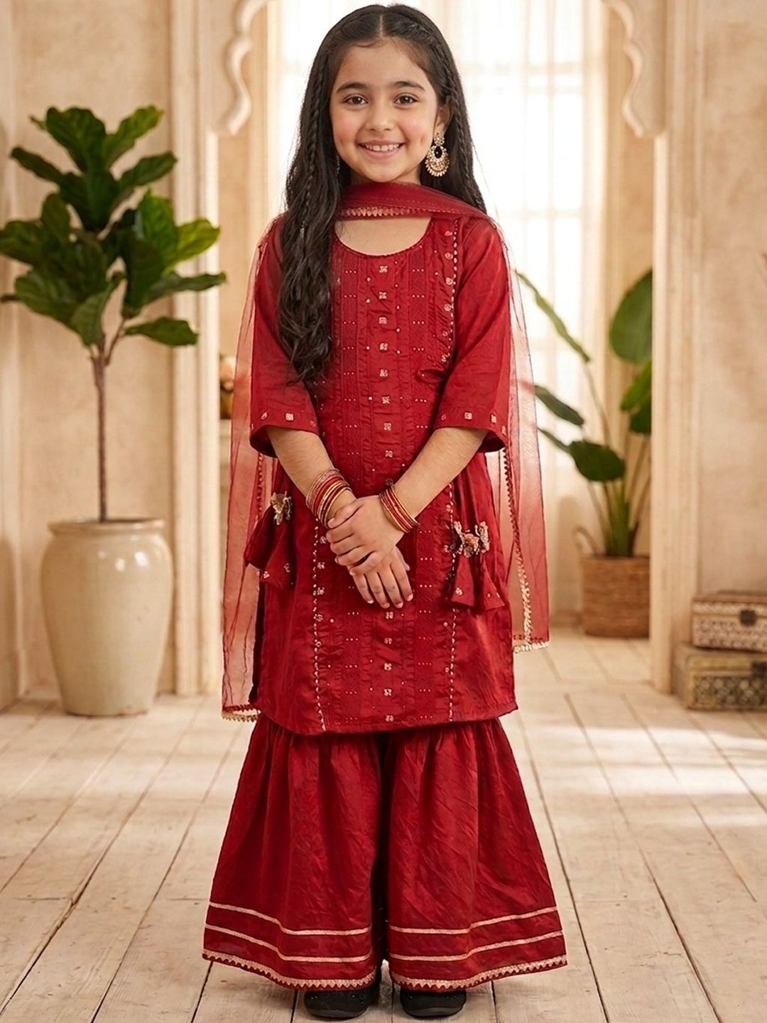 Girls Embroidered Round Neck Kurta & Sharara With Dupatta