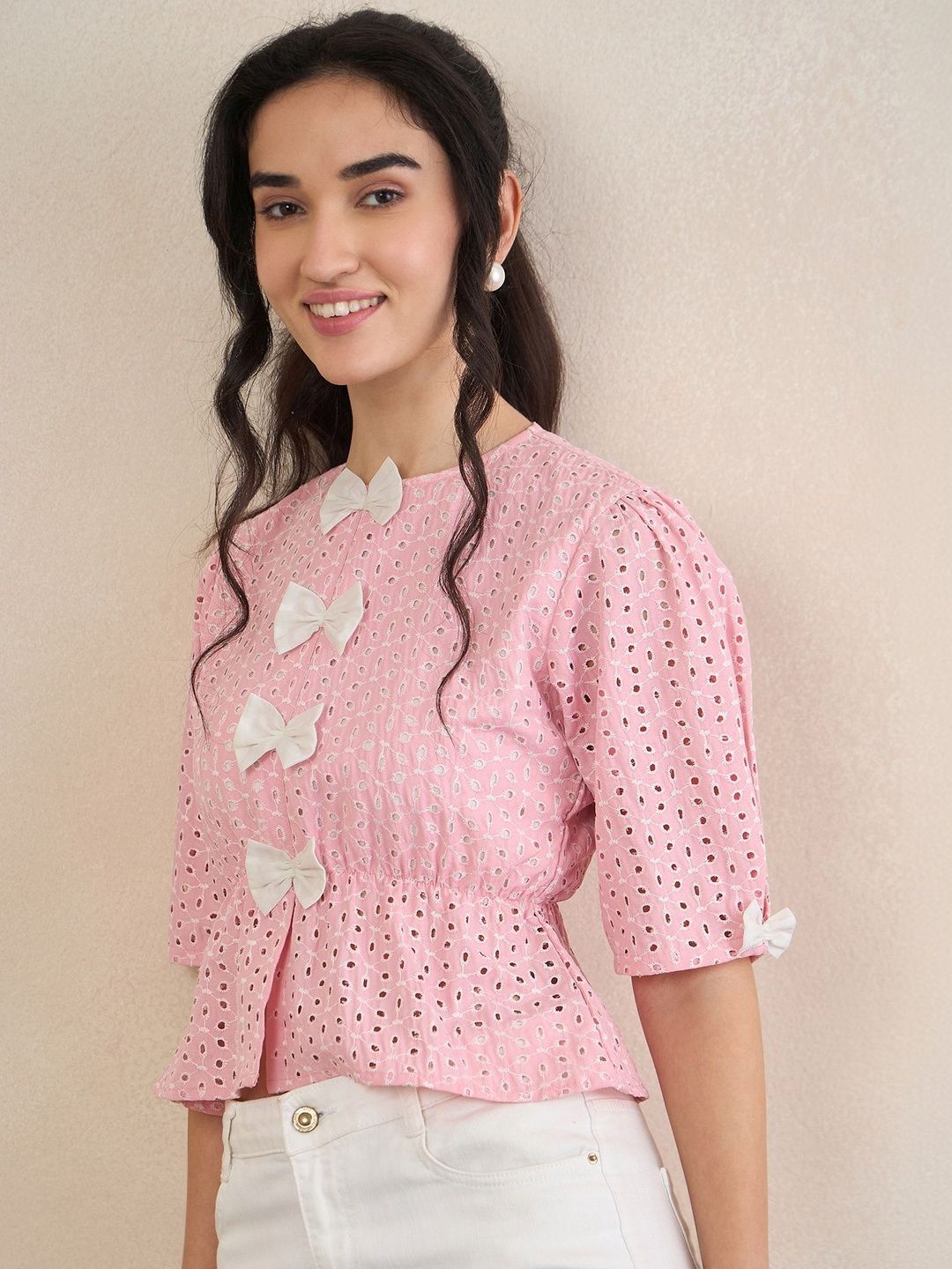 Fabway Clothing Embroidered Puff Sleeve Cotton Blend Peplum Top