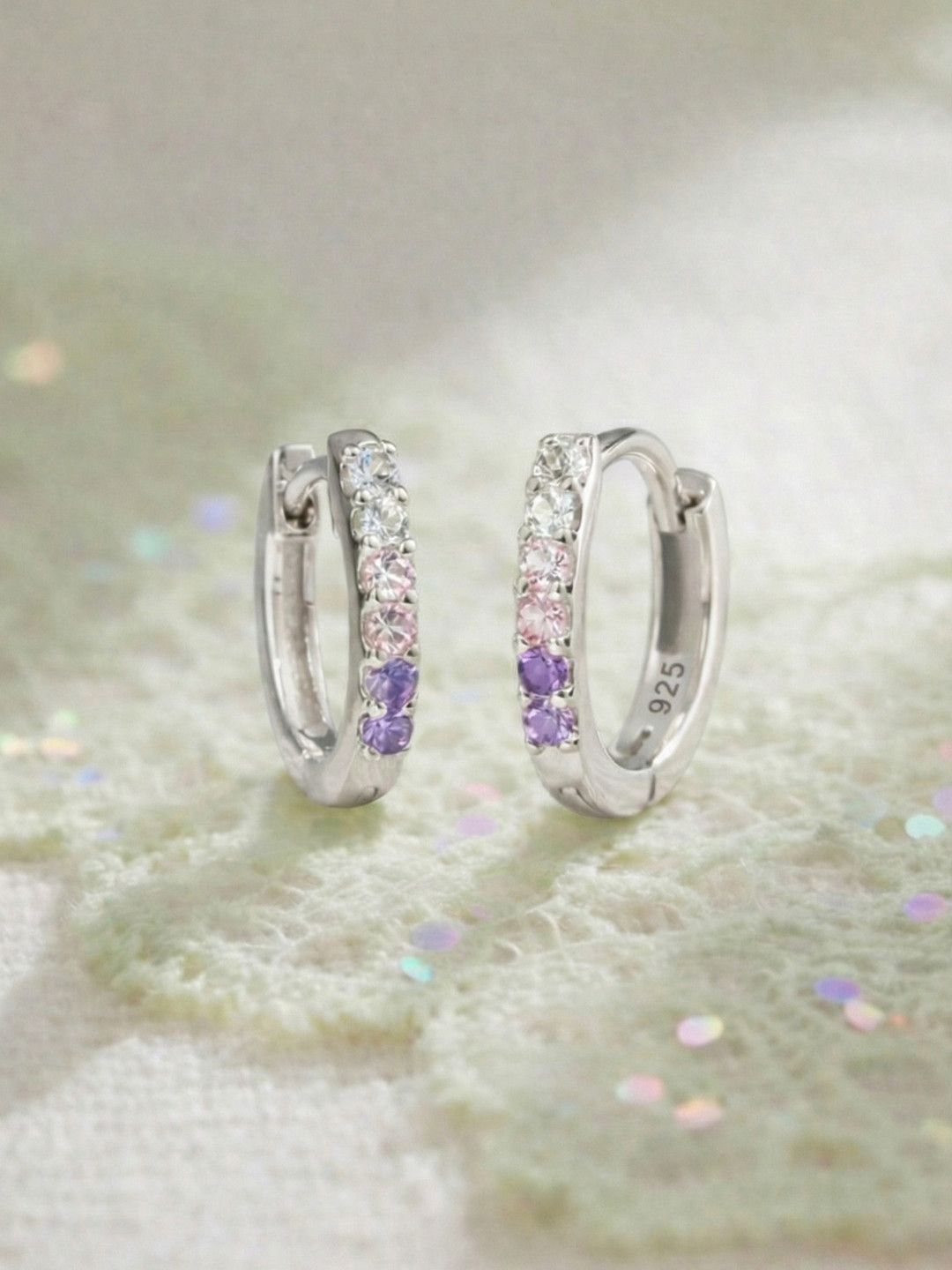 ShimmerTots Girls 925 Sterling Silver Rhodium-Plated Amethyst Studded Hoops Earrings