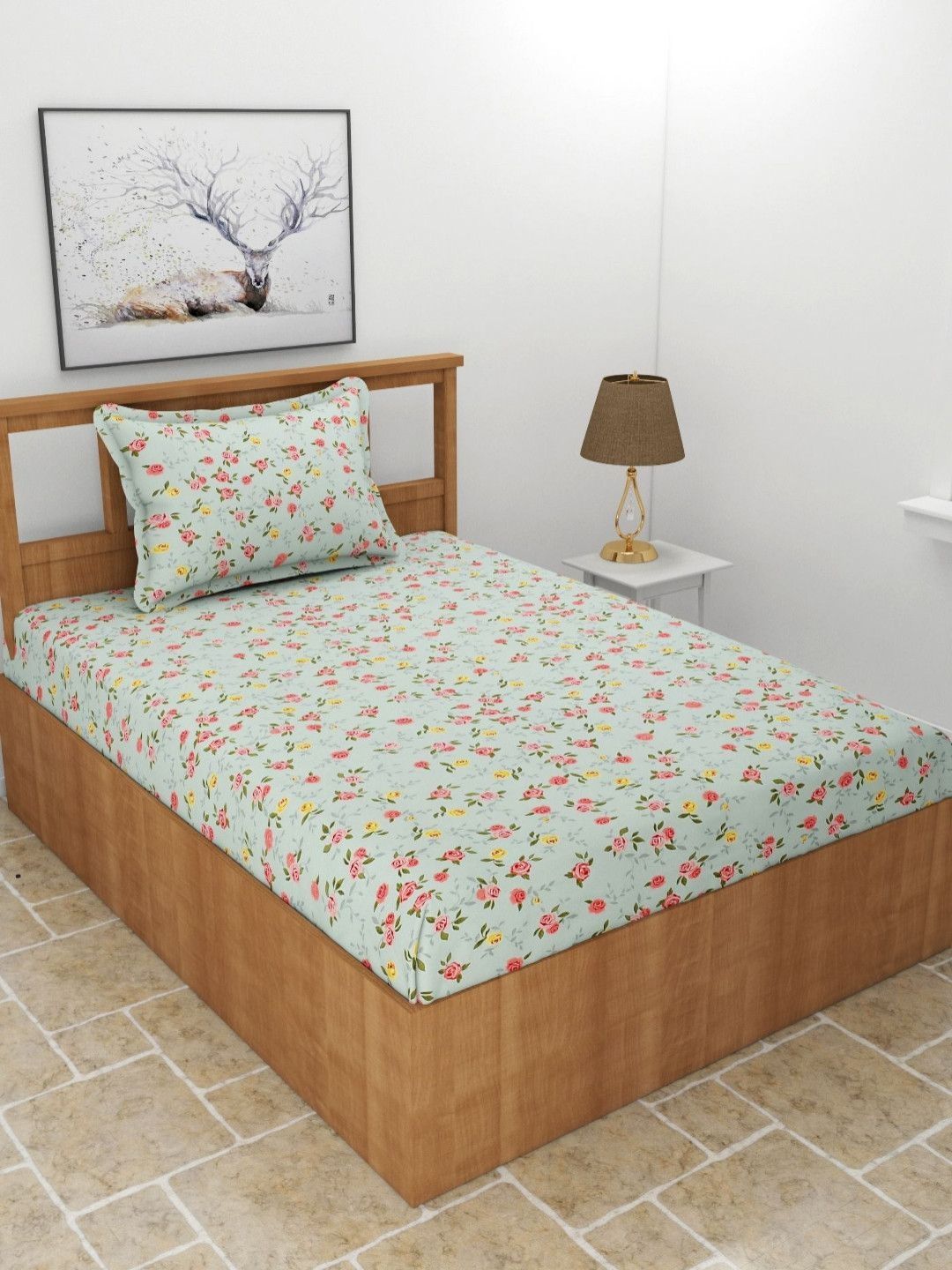 MORADO Green & Pink Floral Cotton 210 TC Fitted Single Bedsheet Set-1.52 m x 2.28 m