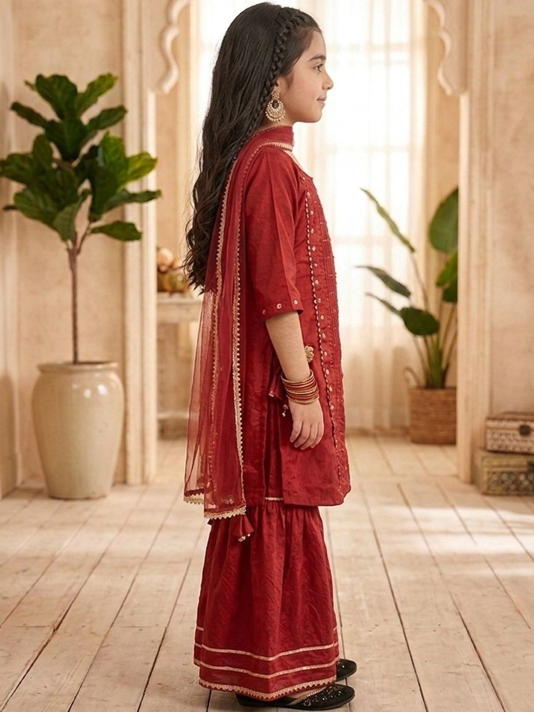 Girls Embroidered Round Neck Kurta & Sharara With Dupatta 3