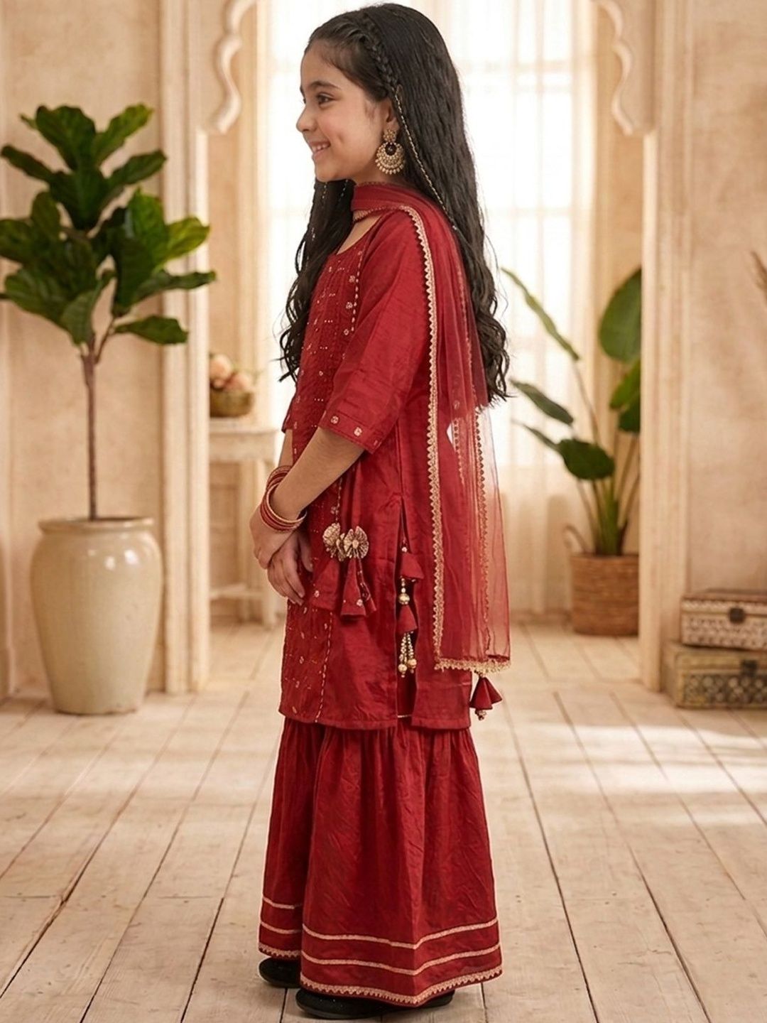 Girls Embroidered Round Neck Kurta & Sharara With Dupatta 2