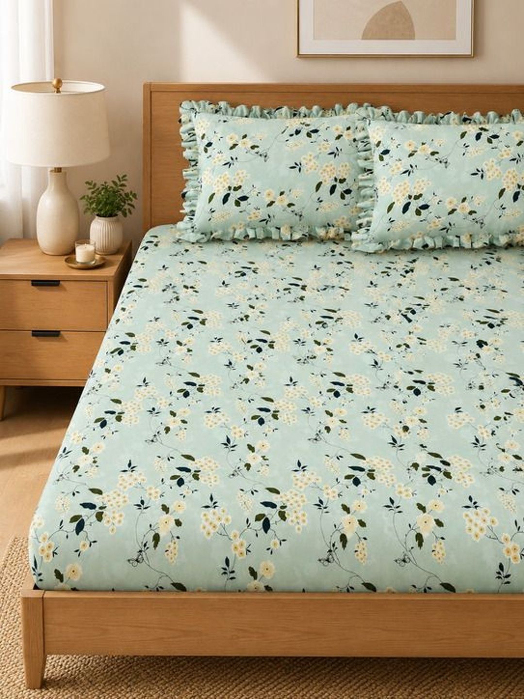 Buy Myntra Elegant Homes Green Floral 300 TC King Frill Bedsheet With 2 Pillow Covers -  - Home for Unisex