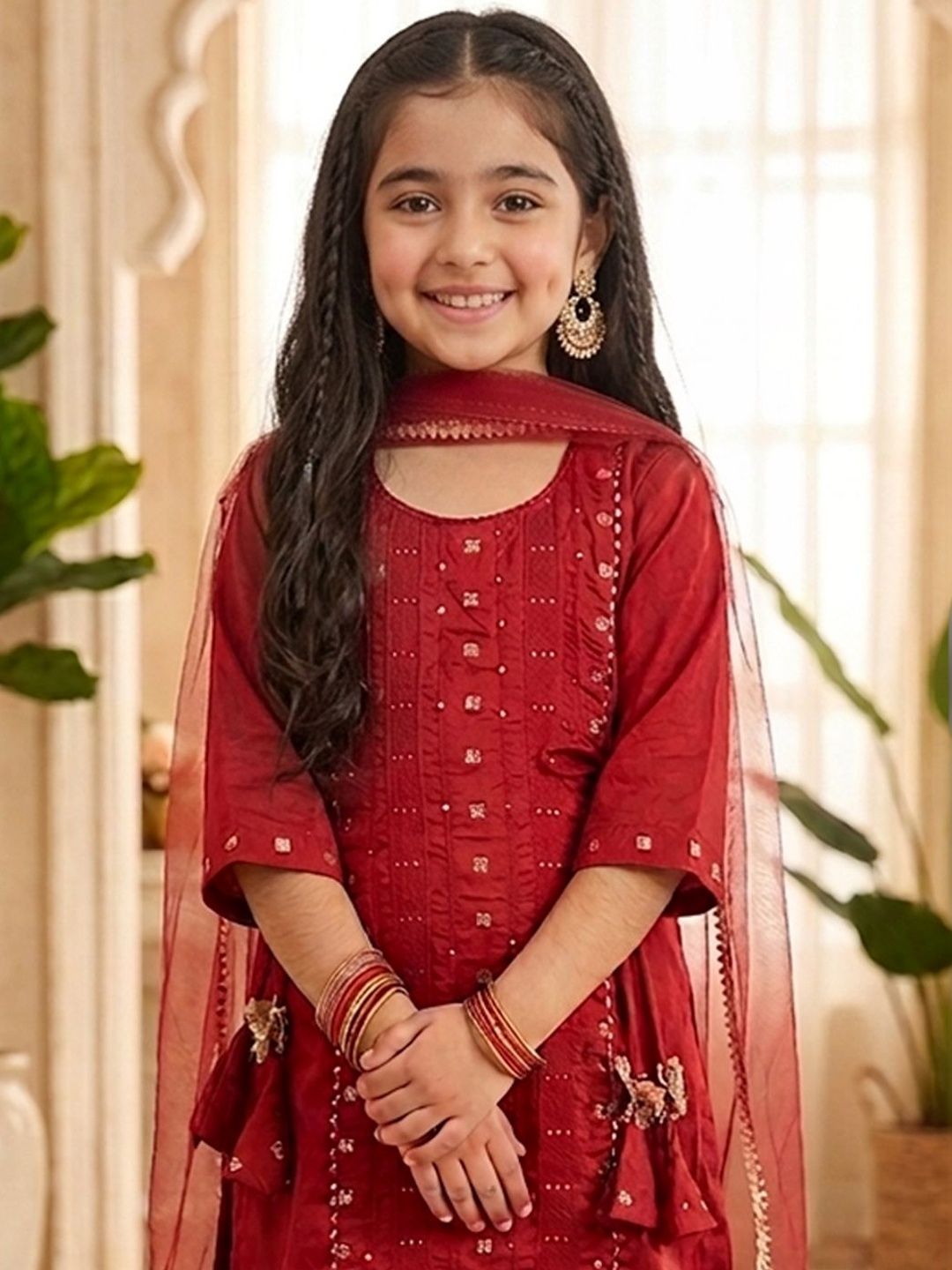 Girls Embroidered Round Neck Kurta & Sharara With Dupatta 5