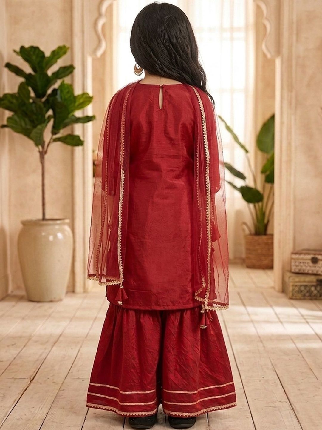 Girls Embroidered Round Neck Kurta & Sharara With Dupatta 4