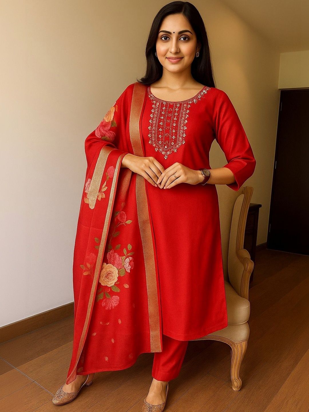 AEBA FASHION Women Floral Embroidered Regular Thread Work Kurta with Trousers & With Dupatta