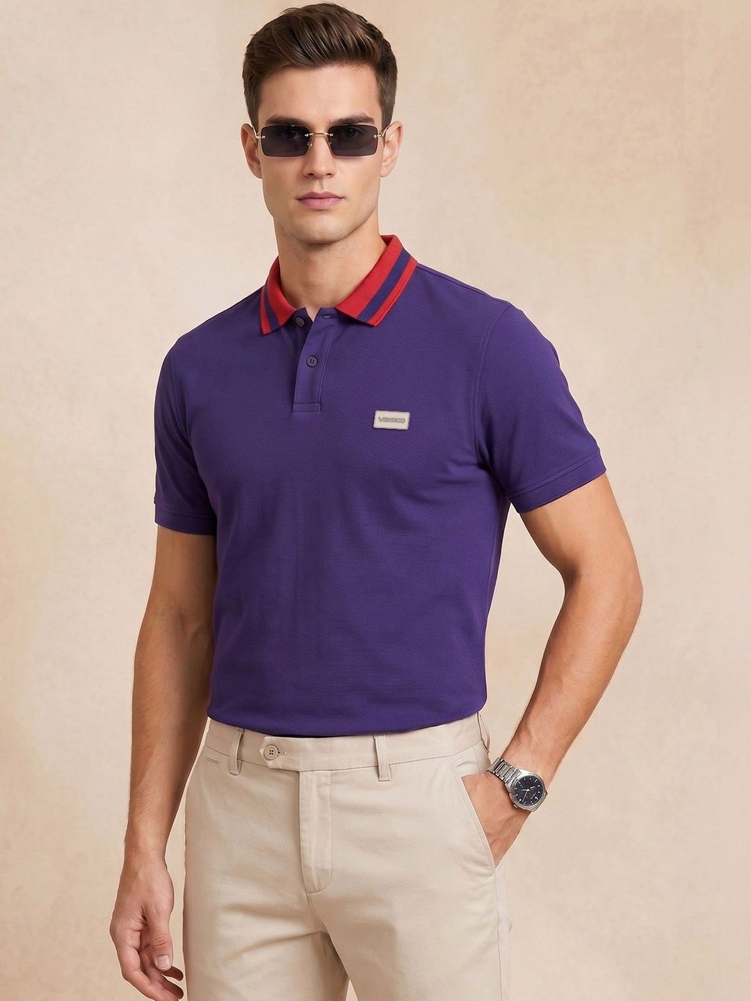 VEIRDO Men Polo Collar Pure Cotton Applique T-shirt