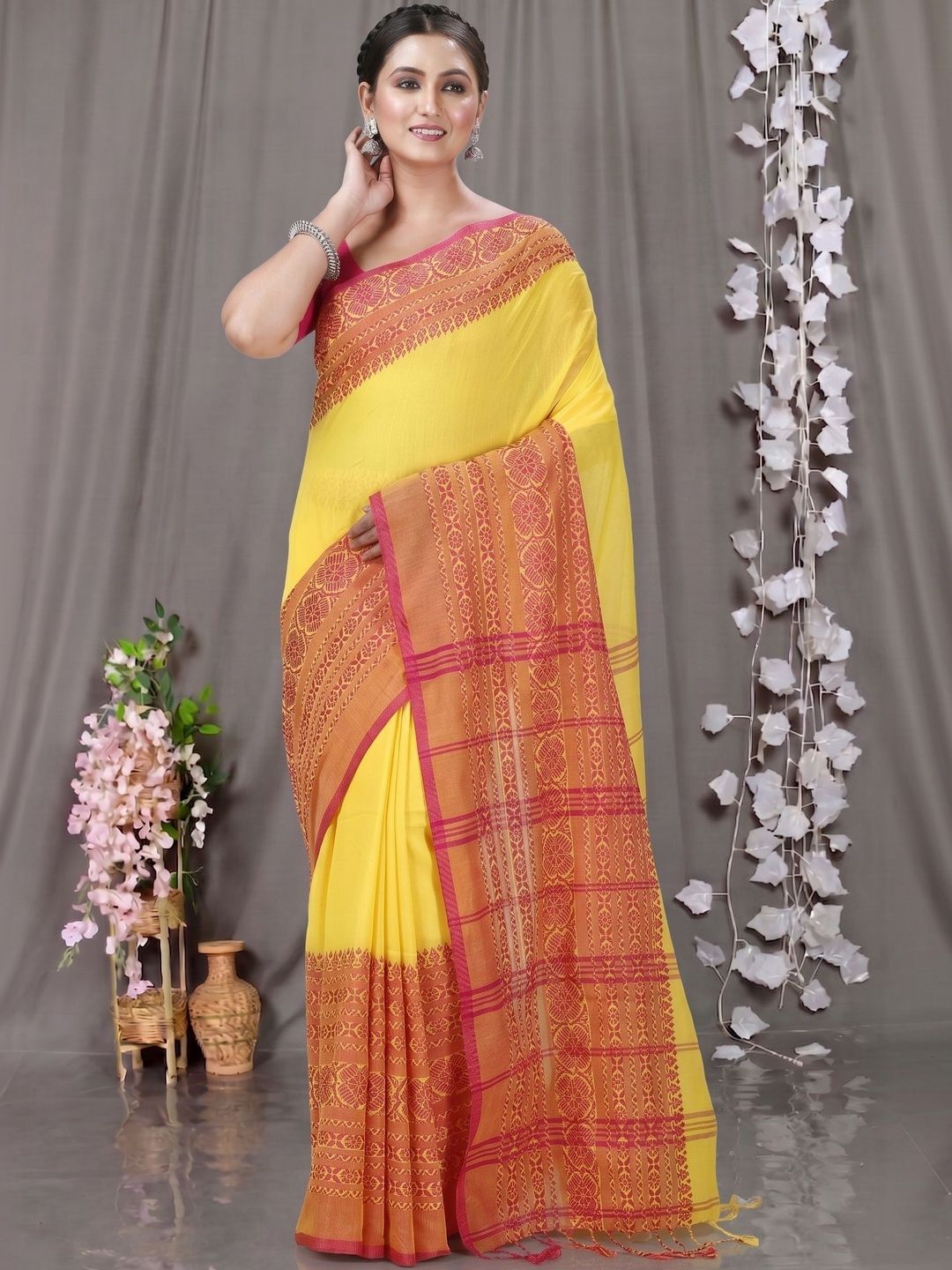 PuJoy Woven Design Pure Cotton Taant Saree
