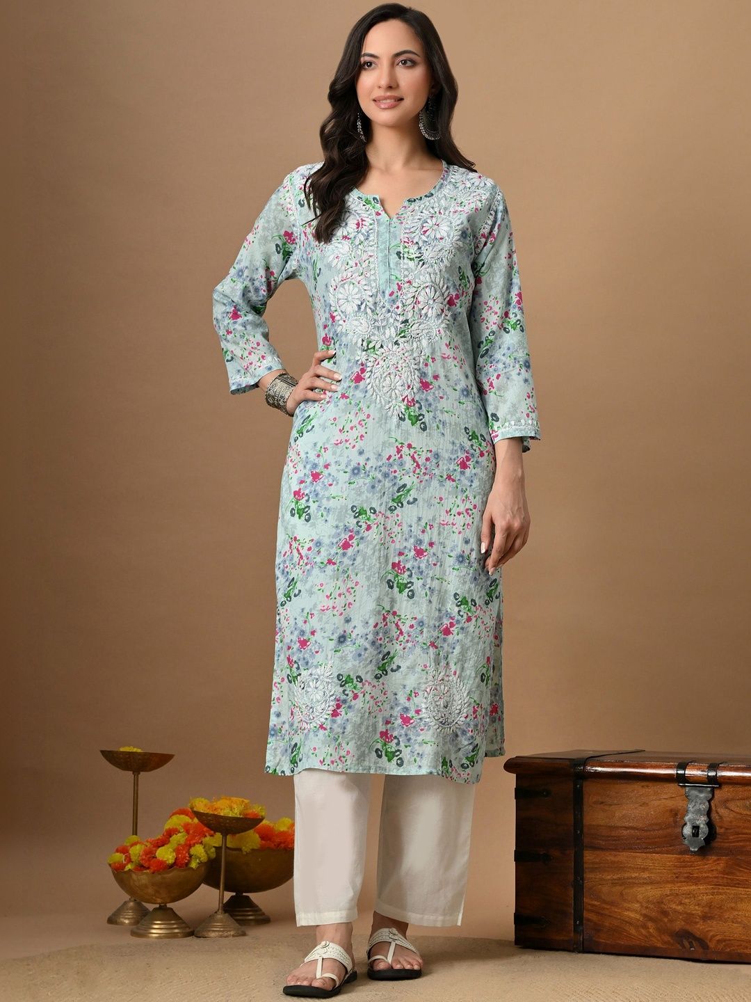 Syrish Floral Printed Chikankari Floral Handloom Kurta