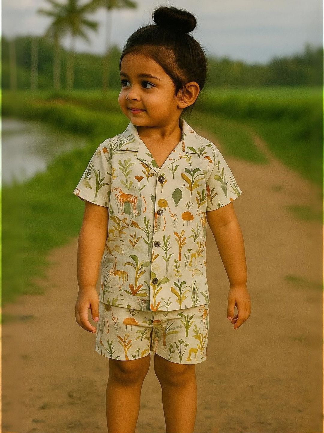 IRSIA Girls White Linen Nature Themed Printed Shirt with Shorts