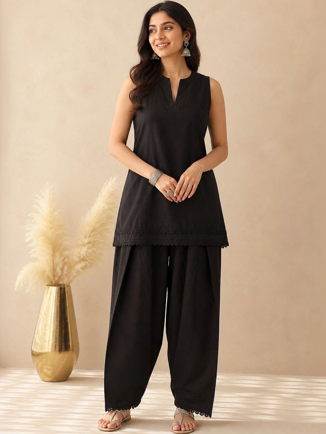DEASHA INDIA Lace Detail Cotton Embellished Tunic with Trousers