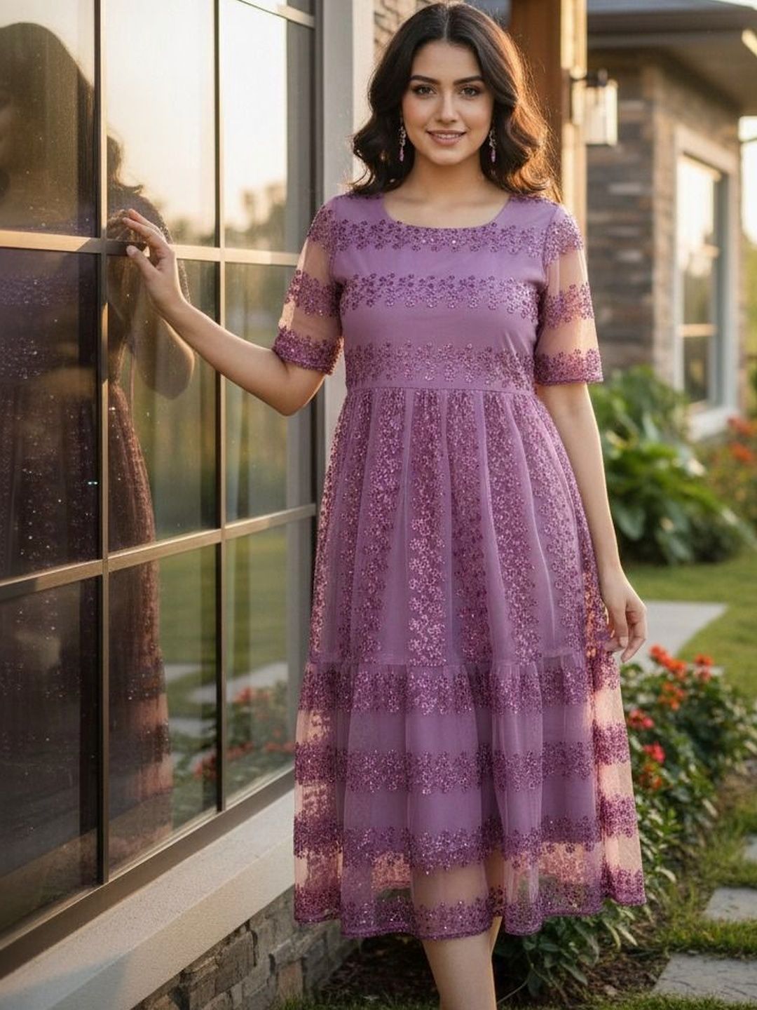 Moda Rapido Embroidered Net Fit & Flare Midi Dress