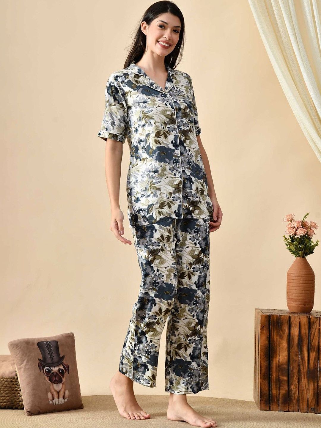 PRADHRUHE Women Floral Printed Lapel Collar Night Suit