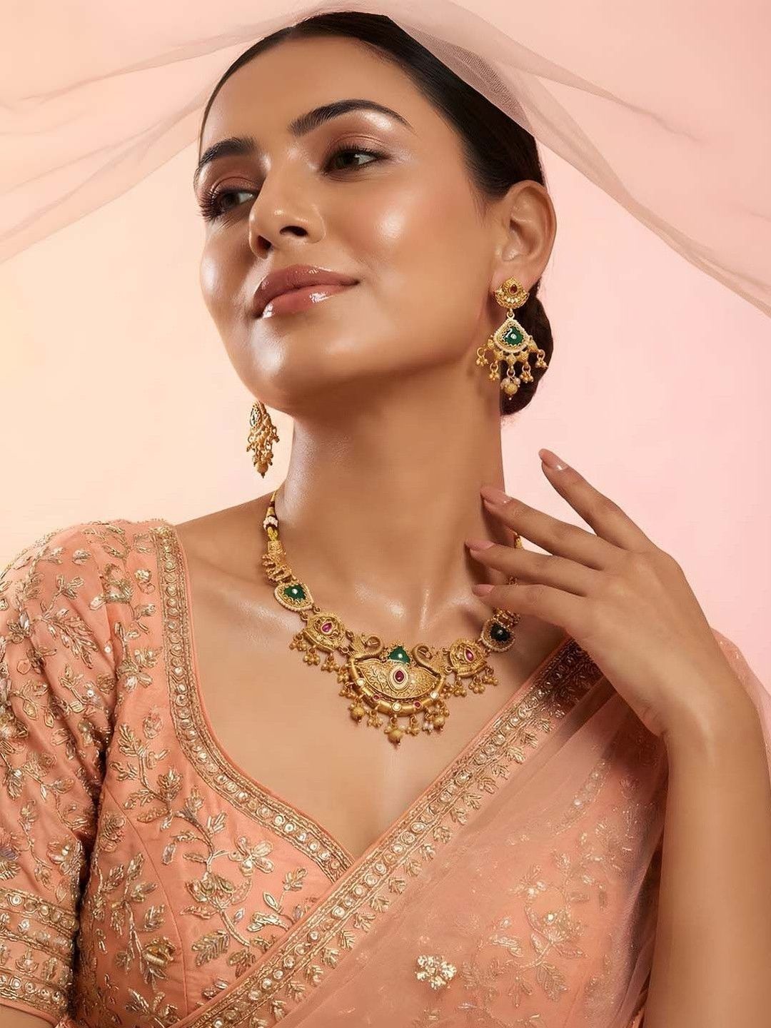Price History - ADIVA Gold-Plated Green & Ruby Stone Peacock Motif ...