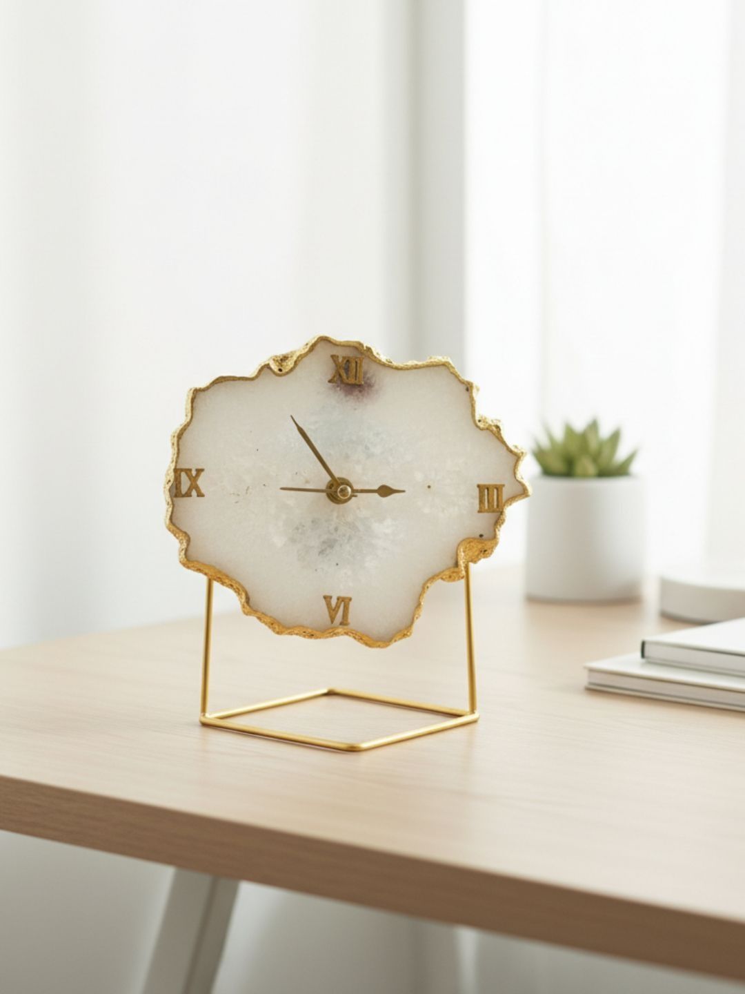 HOMEARTE White & Gold Toned Abstract Shaped Crystal Vintage Analogue Table Clock