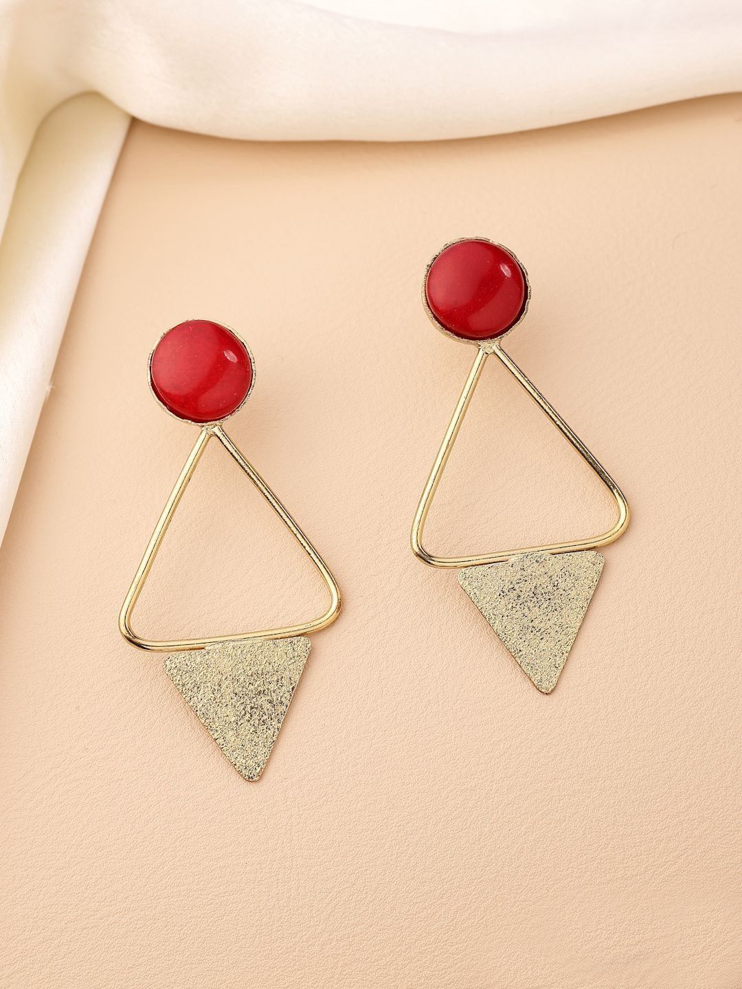 OZ Jewels Gold-Plated Red Stone Triangle Design Drop Earrings
