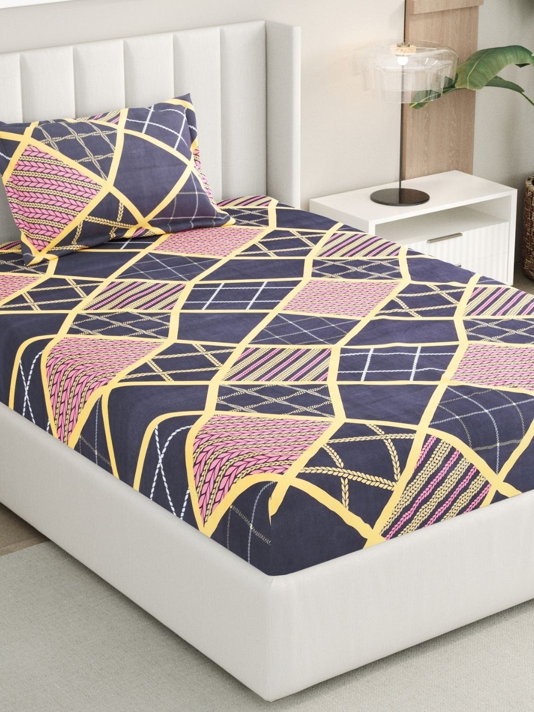 RIVERMOOR Navy Blue Geometric 200 TC Single Bedsheet with 1 Pillow Covers