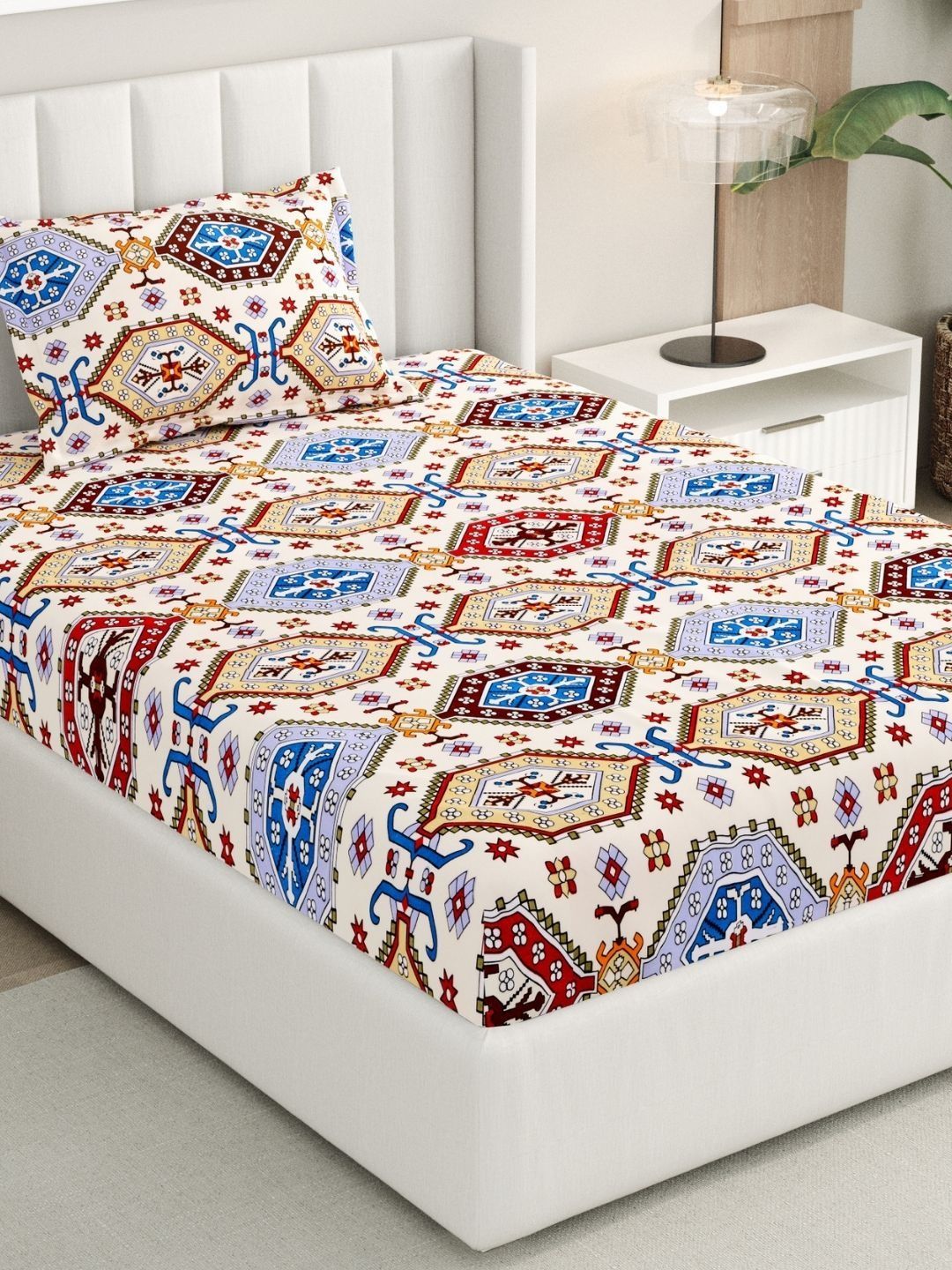 RIVERMOOR Cream-Coloured Ethnic Motifs 200 TC Single Bedsheet with 1 Pillow Covers
