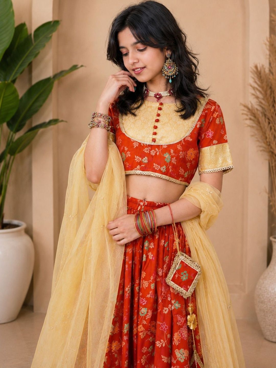 Girls Printed Round Neck Flared Lehenga Choli 4