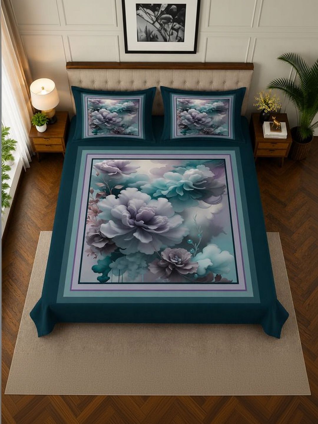 Myntra Elegant Homes Blue Floral 300 TC 7D Digital King Bedsheet with 2 Pillow Covers
