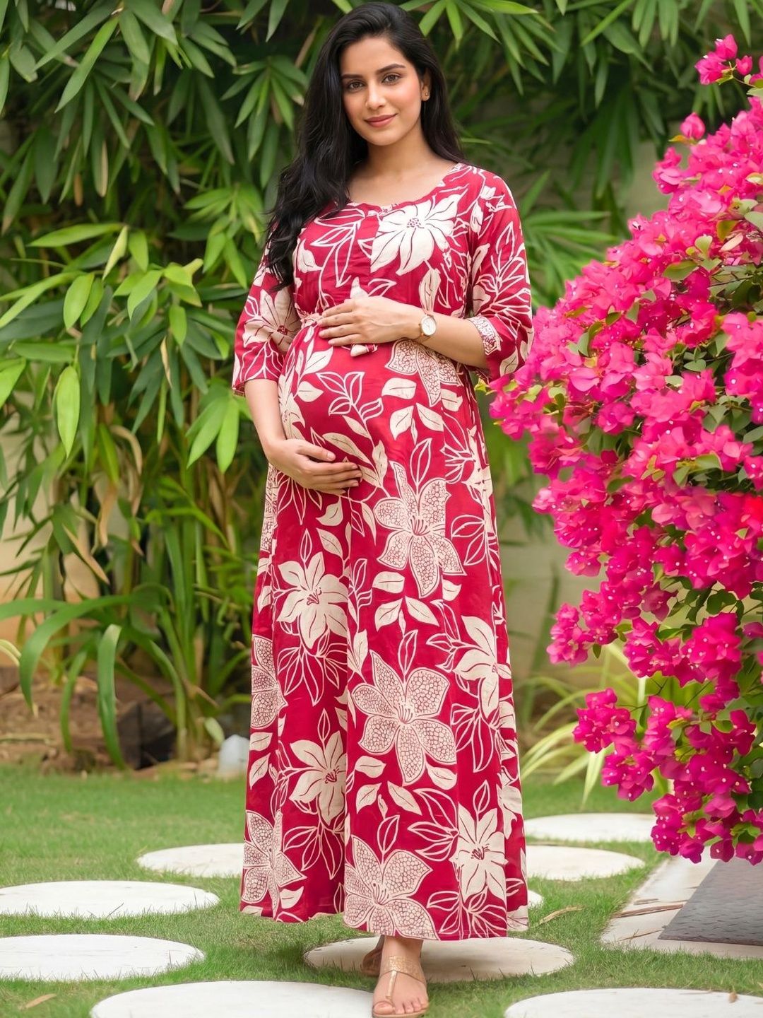 Asenne Floral Printed Soft Rayon Maternity A-Line Maxi Dress With Both Side Feeding Zip