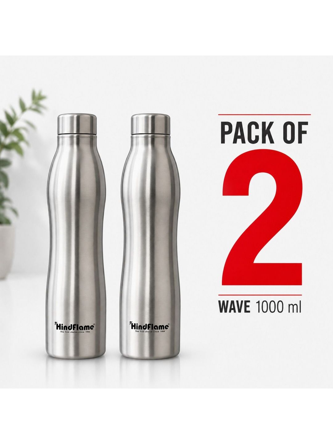 Hindflame Silver Wave (Pack of 2) Stainless Steel Wall Vacuum Water Bottle 1000ml