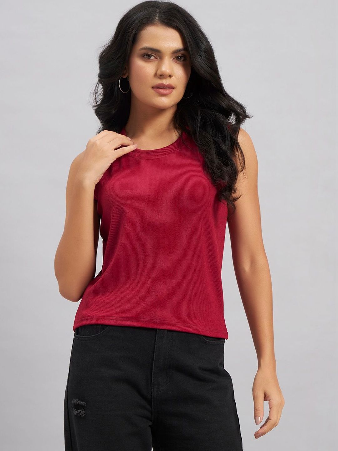 BEELLO STYLE Red Ribbed Sleeveless Casual Top