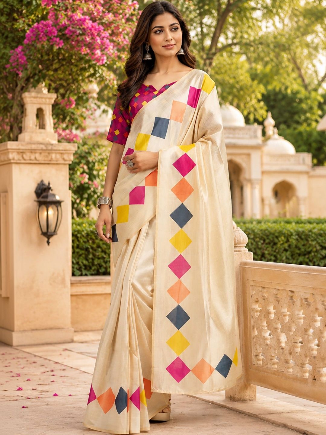elora Cream Chanderi Cotton Geometric Printed Ready To Wear Saree