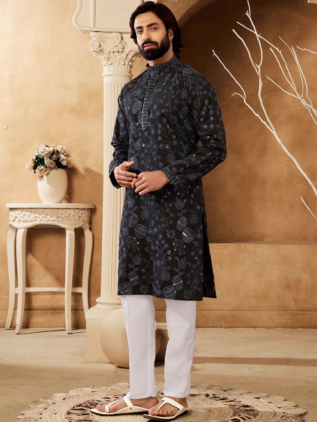 House of Pataudi Embroidered Mandarin Collar Kurta & Trousers