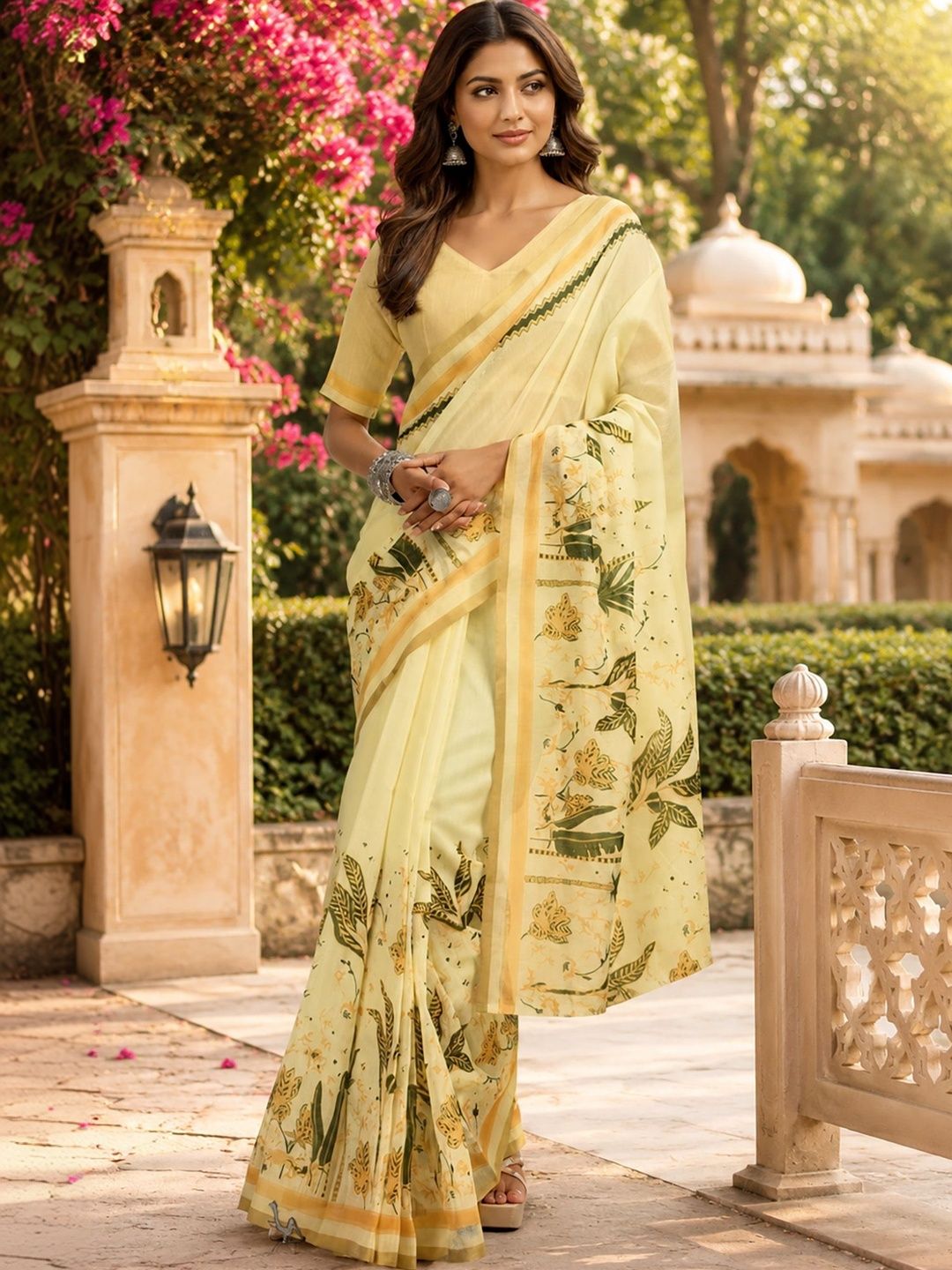 Elora Creamy Yellow Chanderi Cotton Floral Printed Ready To Wear Saree
