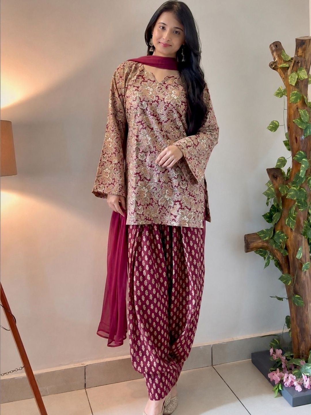 GoSriKi Women's Wine Cotton Blend Printed Straight Kurta With Farshi Salwar & Dupatta set