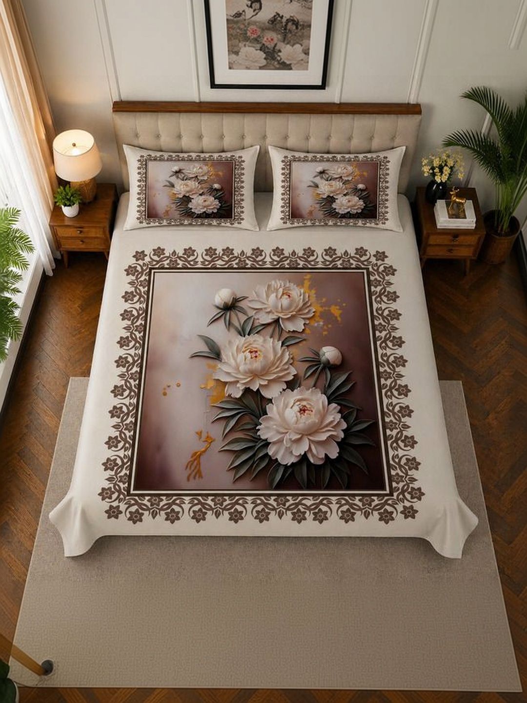 Myntra Elegant Homes Cream-Coloured 300 TC 7D Digital King Bedsheet with 2 Pillow Covers