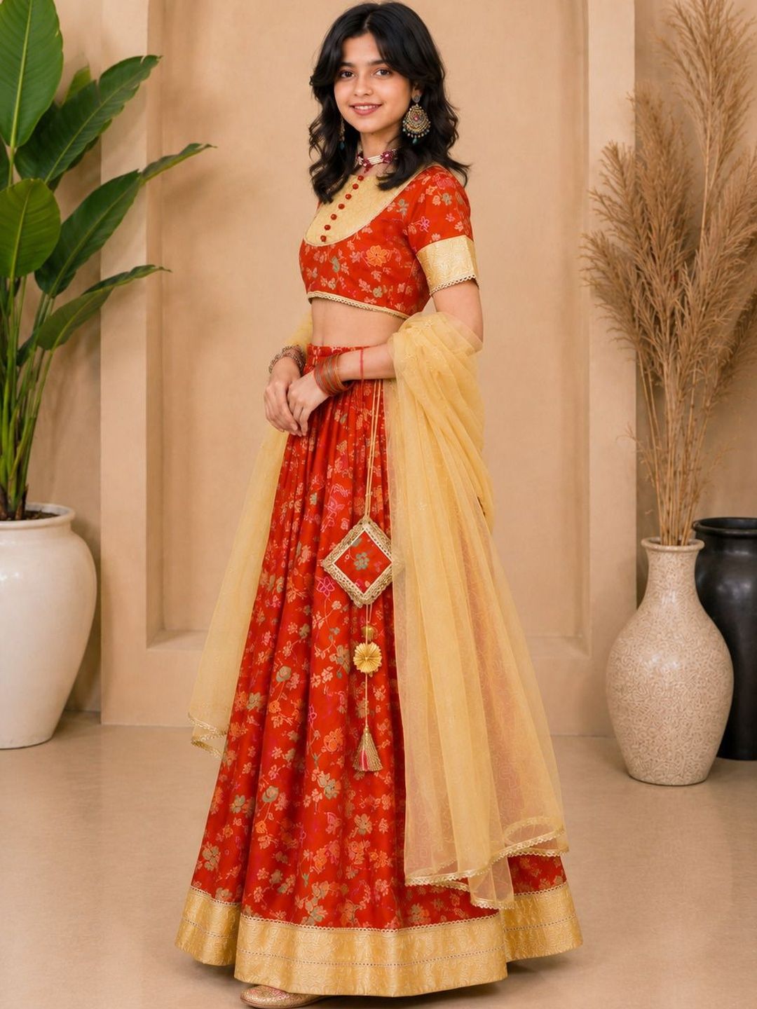 Girls Printed Round Neck Flared Lehenga Choli 3