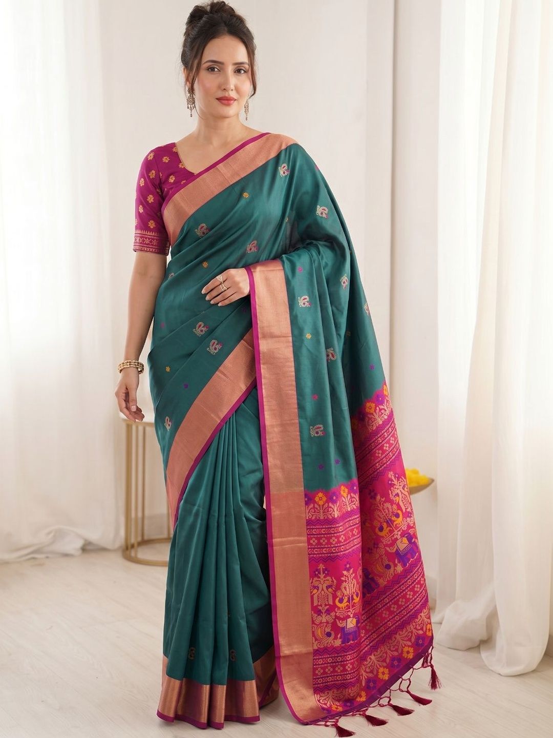 HERE&NOW Ethnic Motifs Zari Silk Blend Saree
