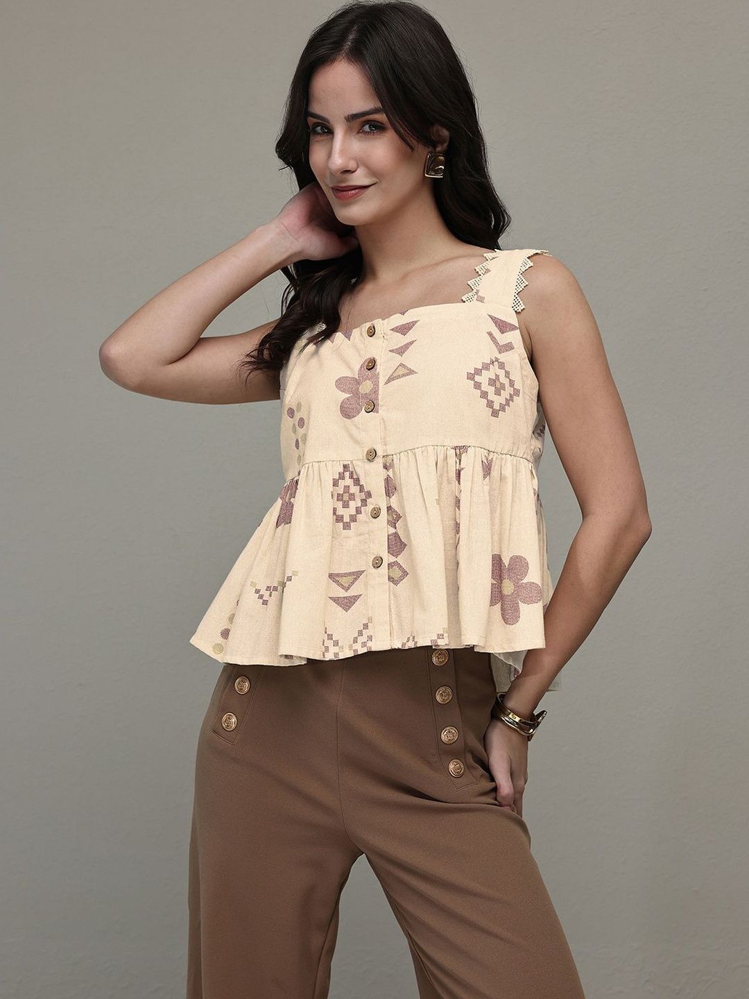 Libas Off White Geometric Printed Cotton Peplum Top