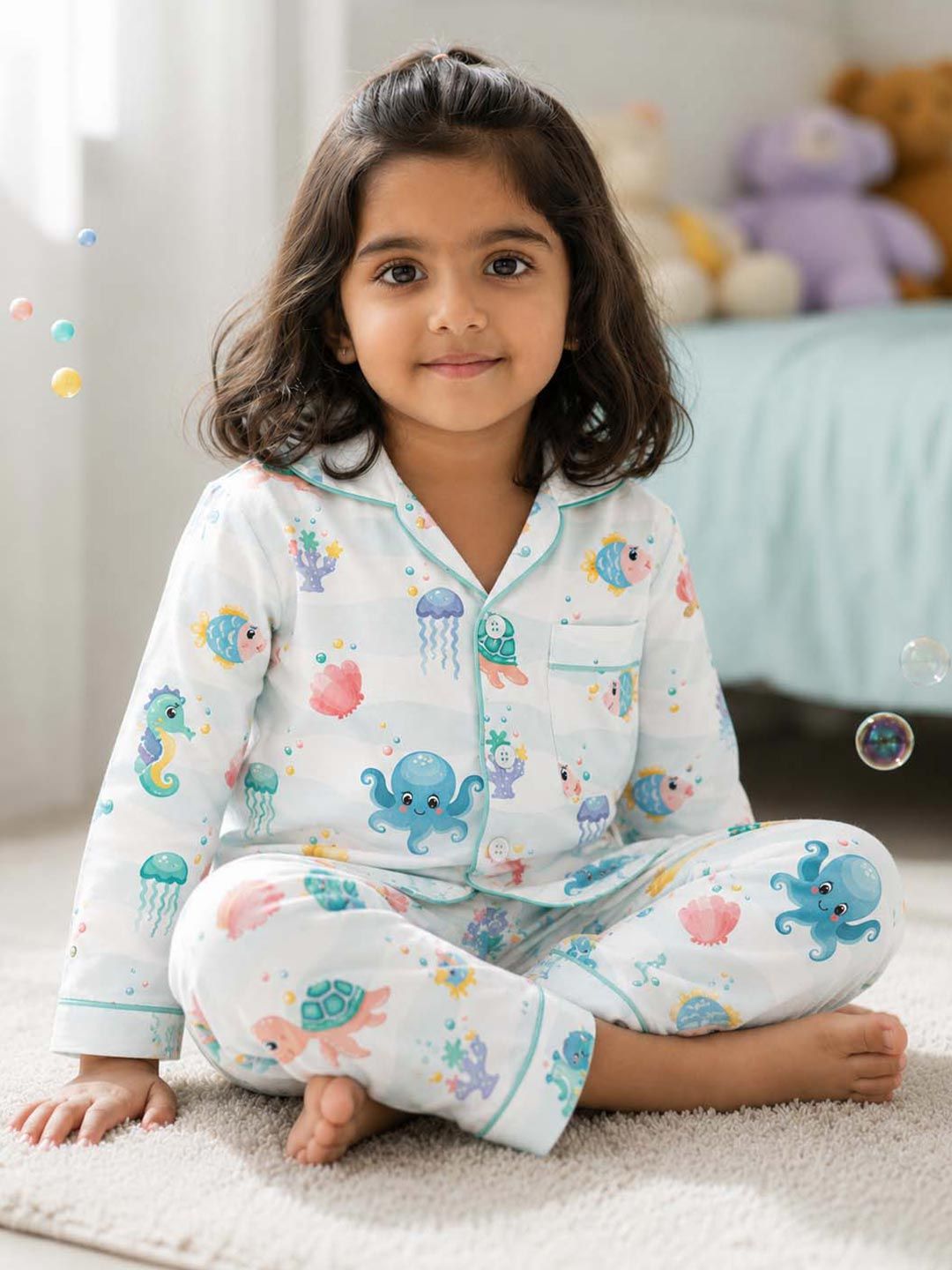 Fancy Fluff Girls Nautical Printed Pure Cotton Night suit