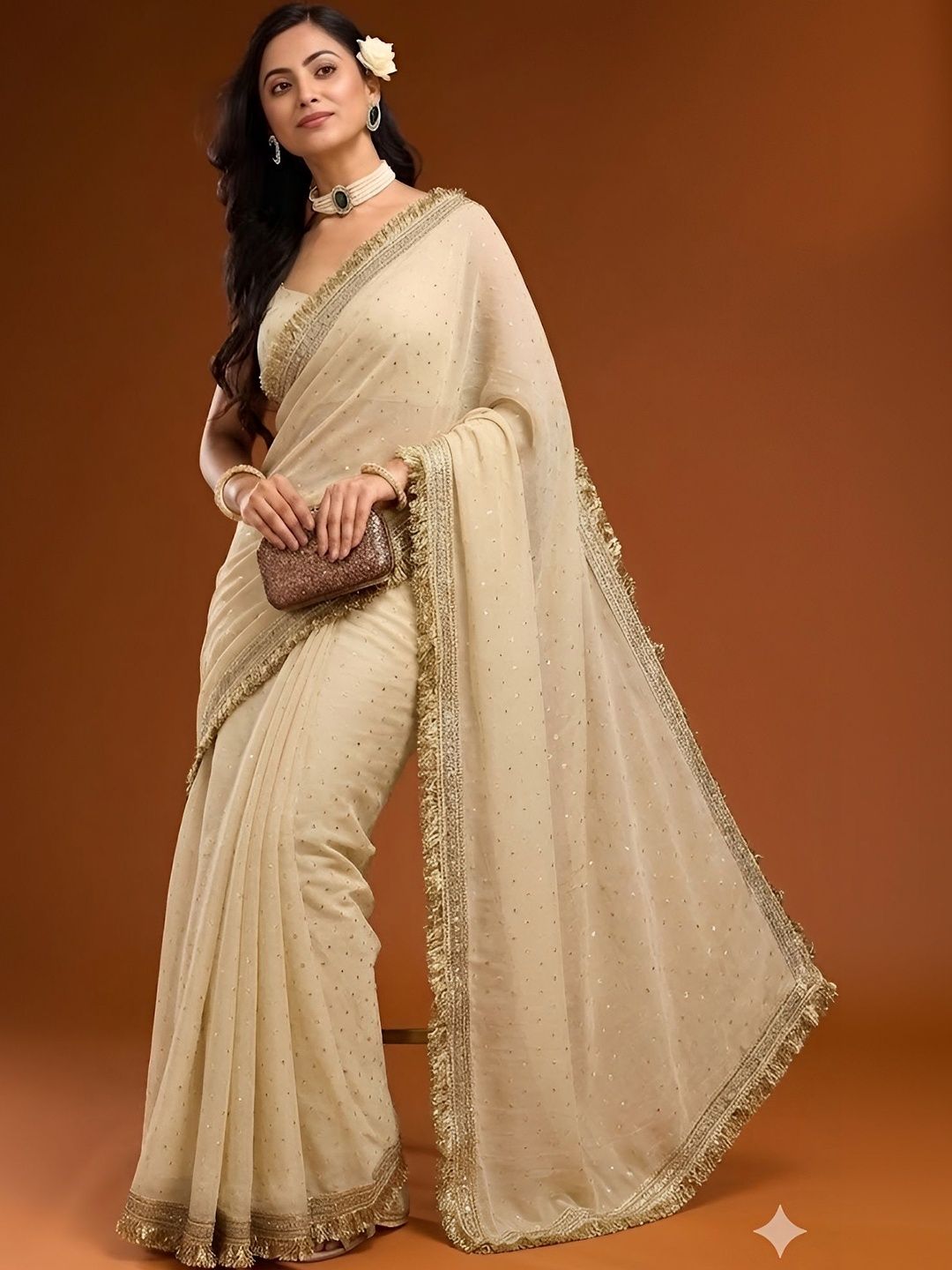 VRAGI Embellished Sequinned Silk Blend Heavy Work Saree