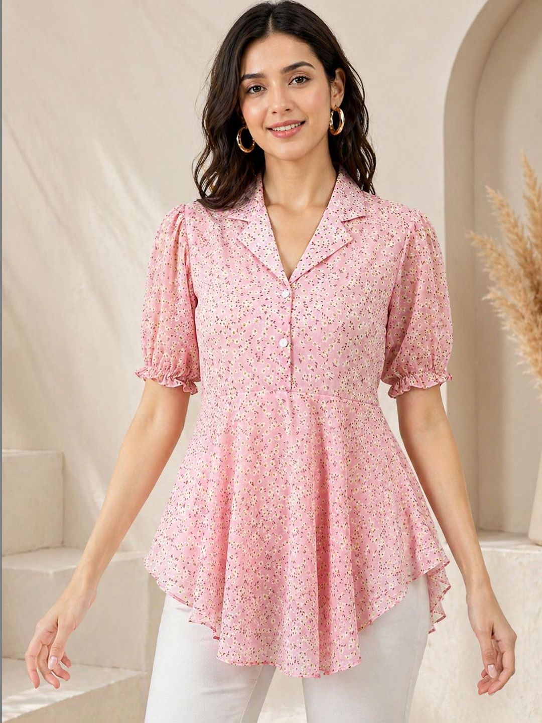 Buy CREZYVEZY Floral Print Puff Sleeve Peplum Top - Tops for Women