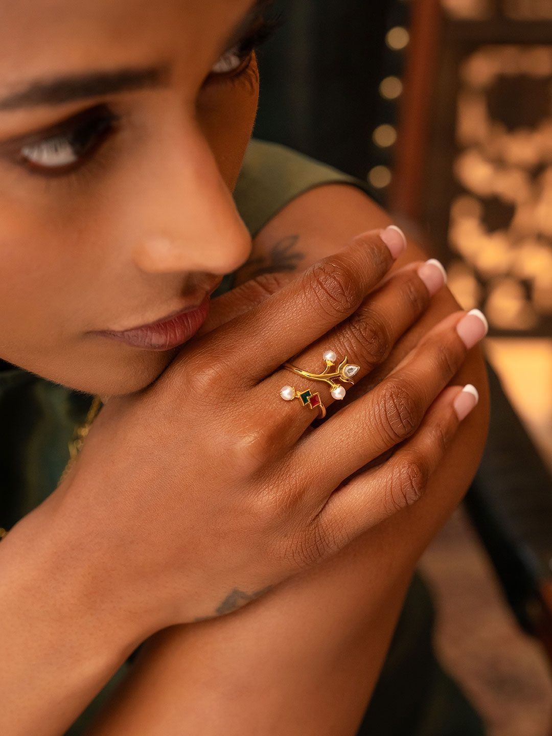 Shaya by CaratLane Women Sterling Silver Gold-Plated Enamelled Cubic Zirconia Finger Ring