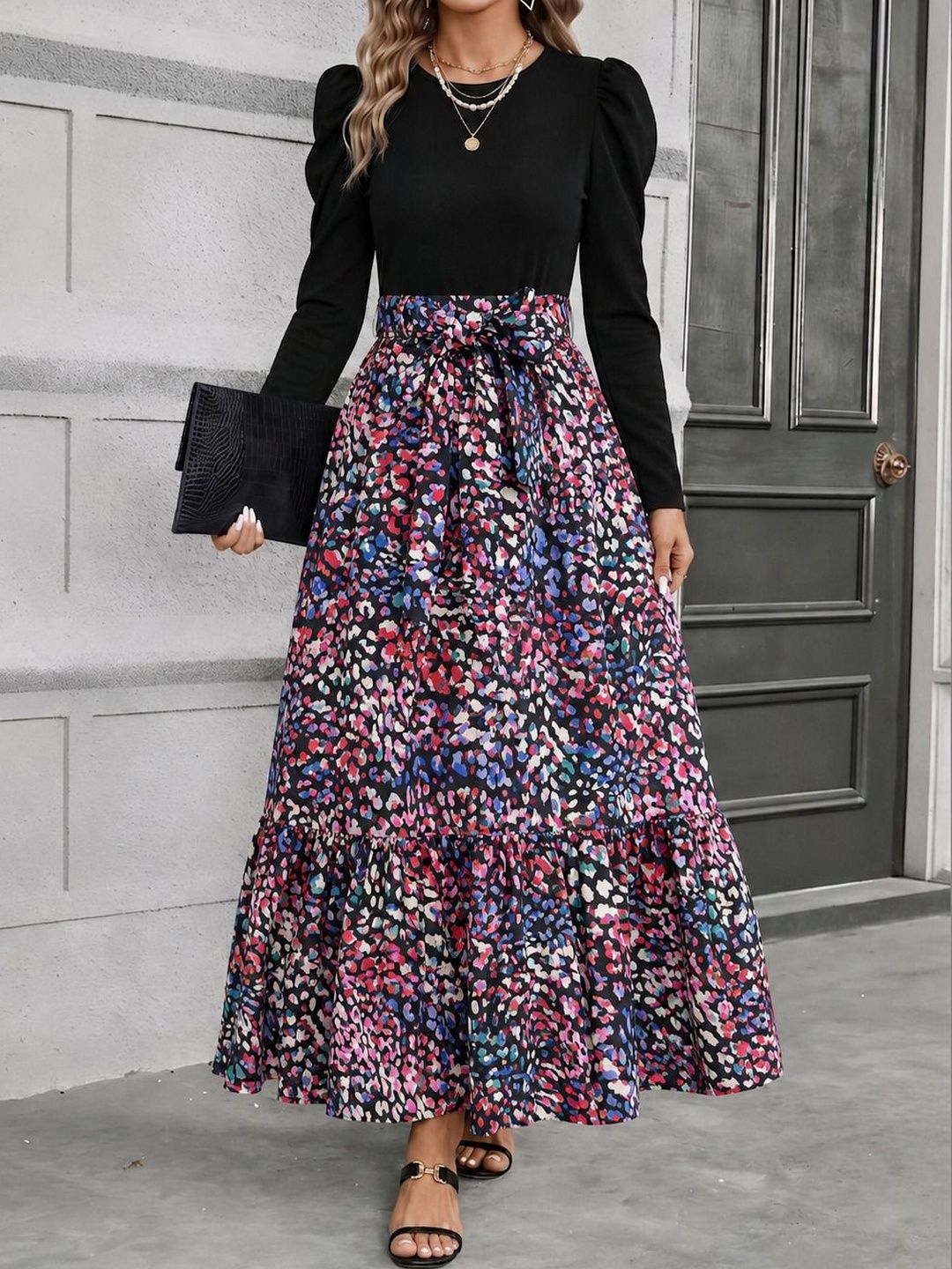 Archi Enterprise Floral Print Puff Sleeve Crepe Fit & Flare Maxi Dress