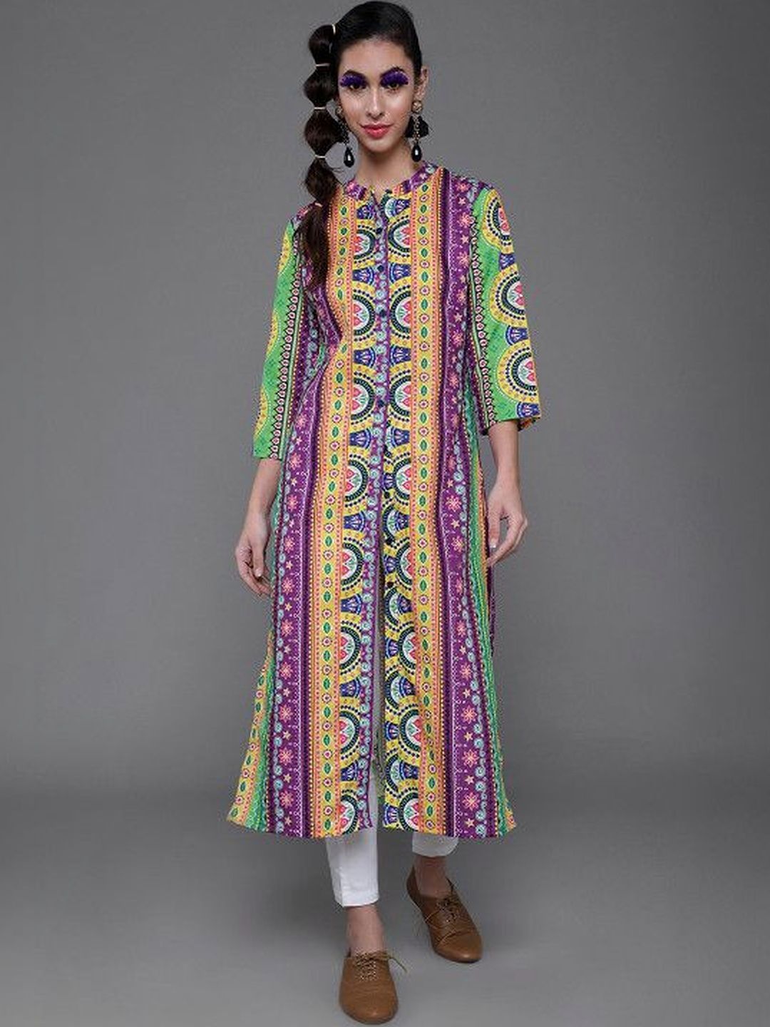 Sangria Printed Mandarin Collar Calf Length Straight Kurta