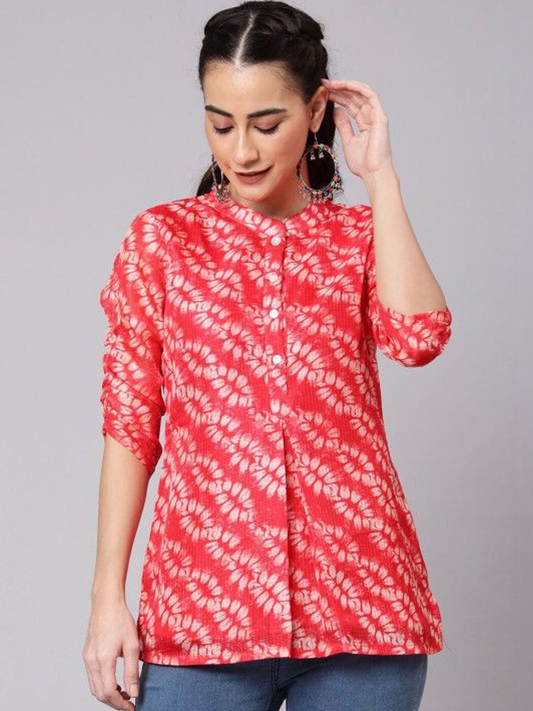 Sangria Printed Mandarin Collar Shirt Style Top