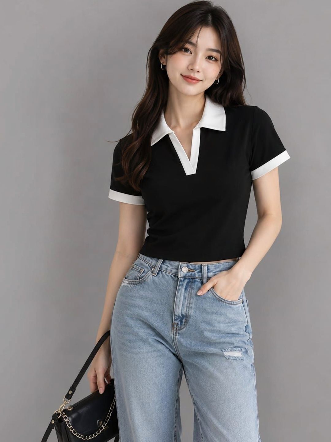 TRENDY ERA Black Crop Top with Shirt Collar