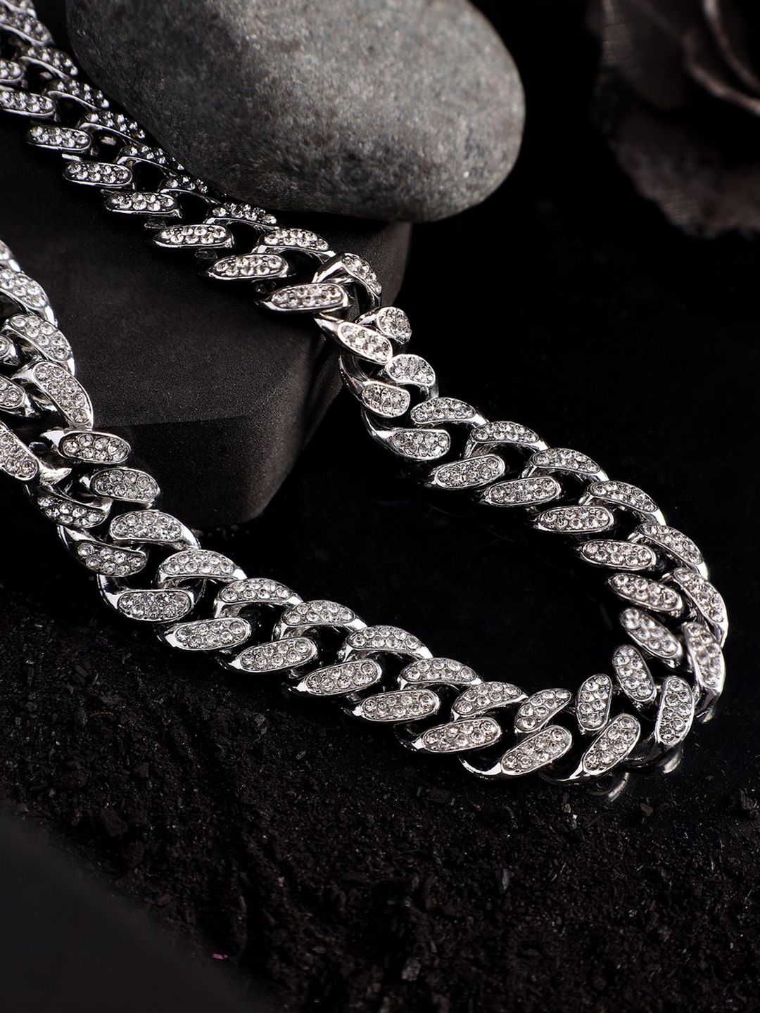 Jewelor Men's Silver-Plated Stainless Steel CZ Studded Cuban Chain