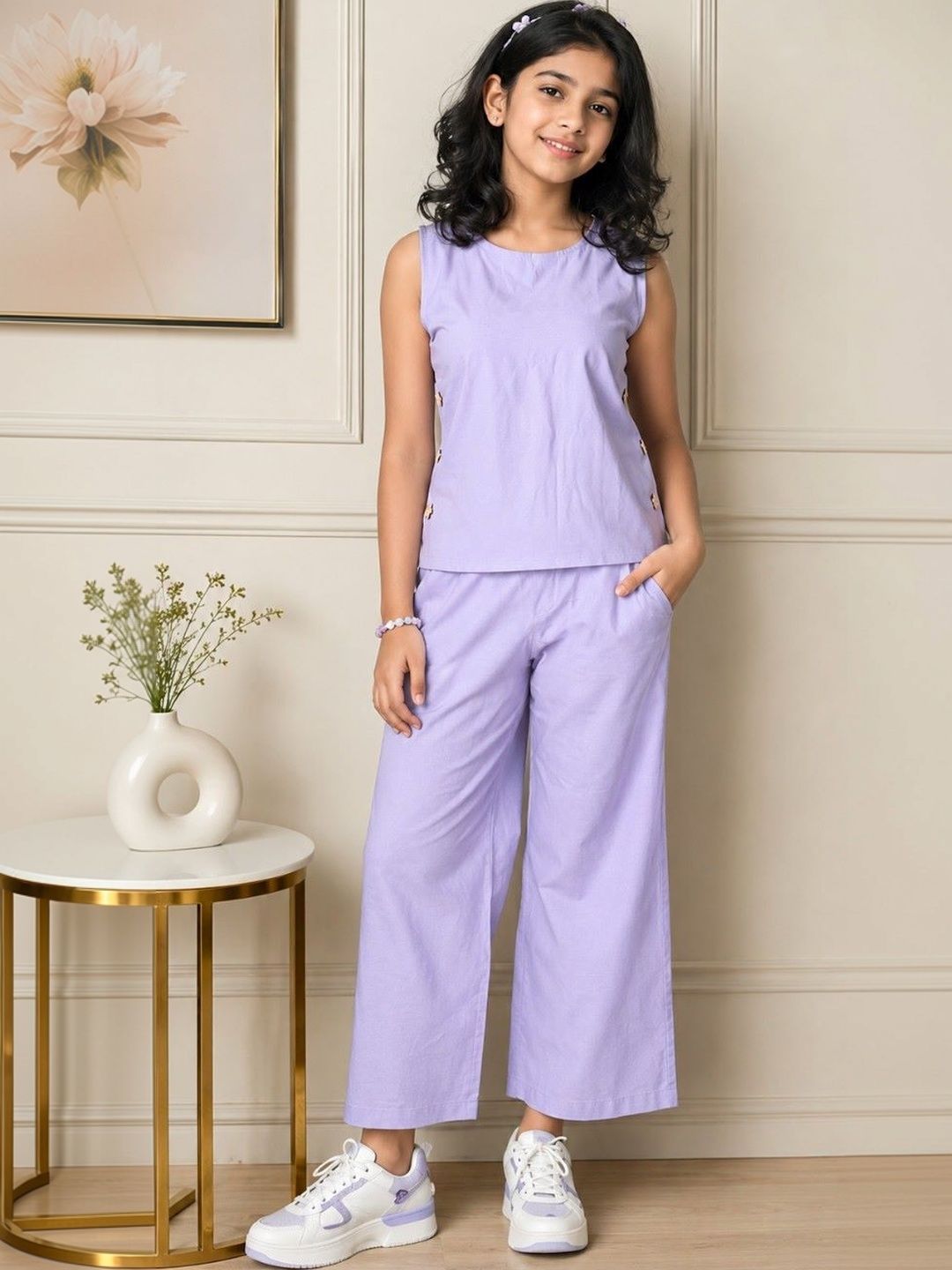 Myshka Pastels Linen Solid Top with Trousers